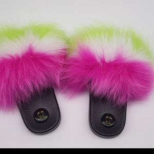 Mini Fur Slides Hot Pink/white/Mint